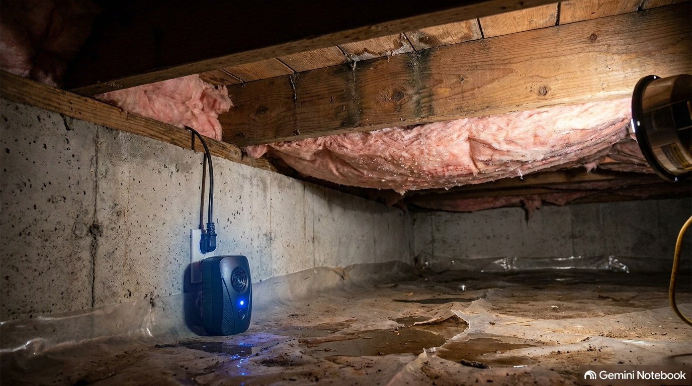 Ultrasonic pest repeller device plugged into a damp Tacoma residential crawl space with subfloor insulation