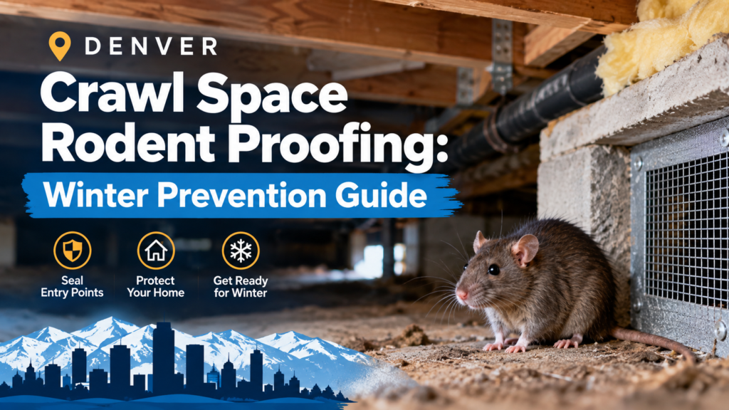 Professional pest control technician inspecting a damp Denver residential crawl space foundation for rodent entry points
