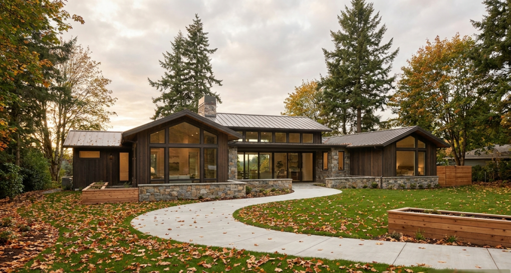 A modern Pacific Northwest home exterior on a damp autumn day in Seattle, highlighting a clean foundation perimeter.