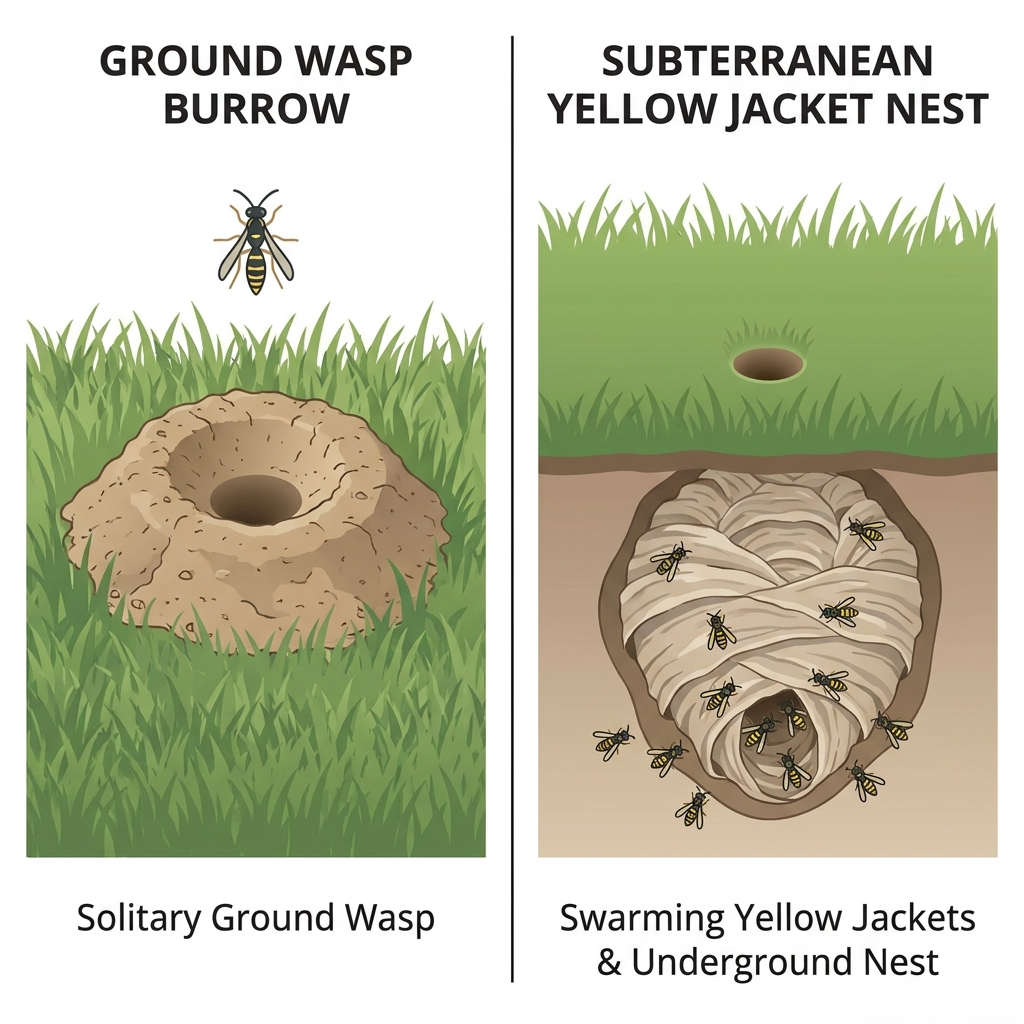 Visual comparison of a solitary ground wasp burrow with a dirt mound versus a yellow jacket subterranean ground hole