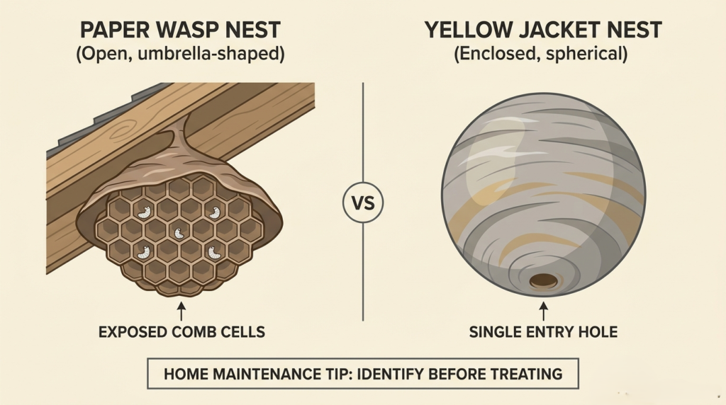 Visual comparison of an open paper wasp nest versus an enclosed yellow jacket nest