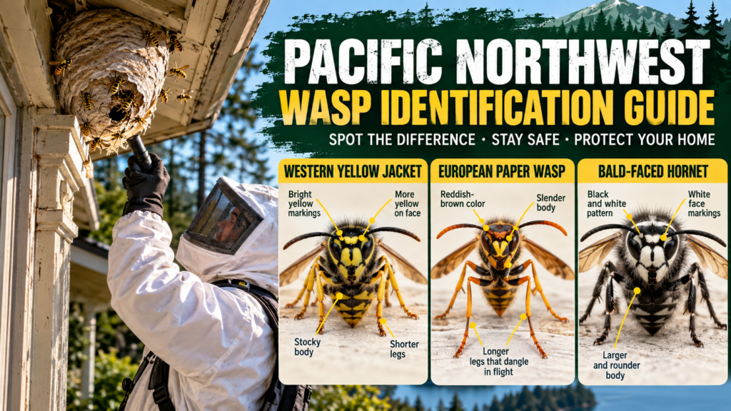 Exterminator technician executing safe wasp nest removal in a Tacoma home eave
