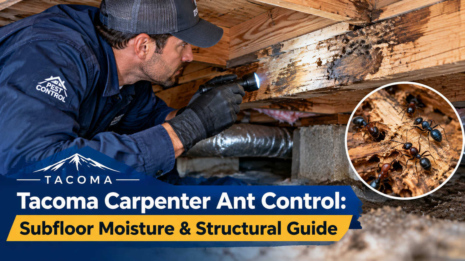 Pest control technician inspecting damp subfloor joists for carpenter ant damage in Tacoma WA